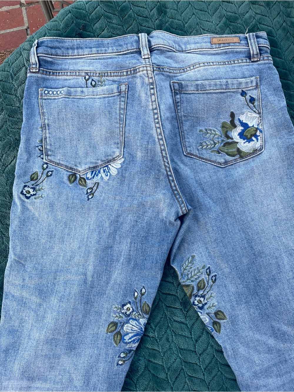 Blank NYC Light Blue Straight Leg Jeans with Blue & Green Floral Embroidery - Picture 3 of 8
